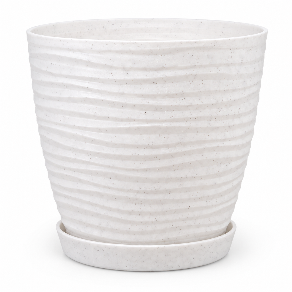 Macetero Blanco Texturizado con Plato – 15 x 14 cm