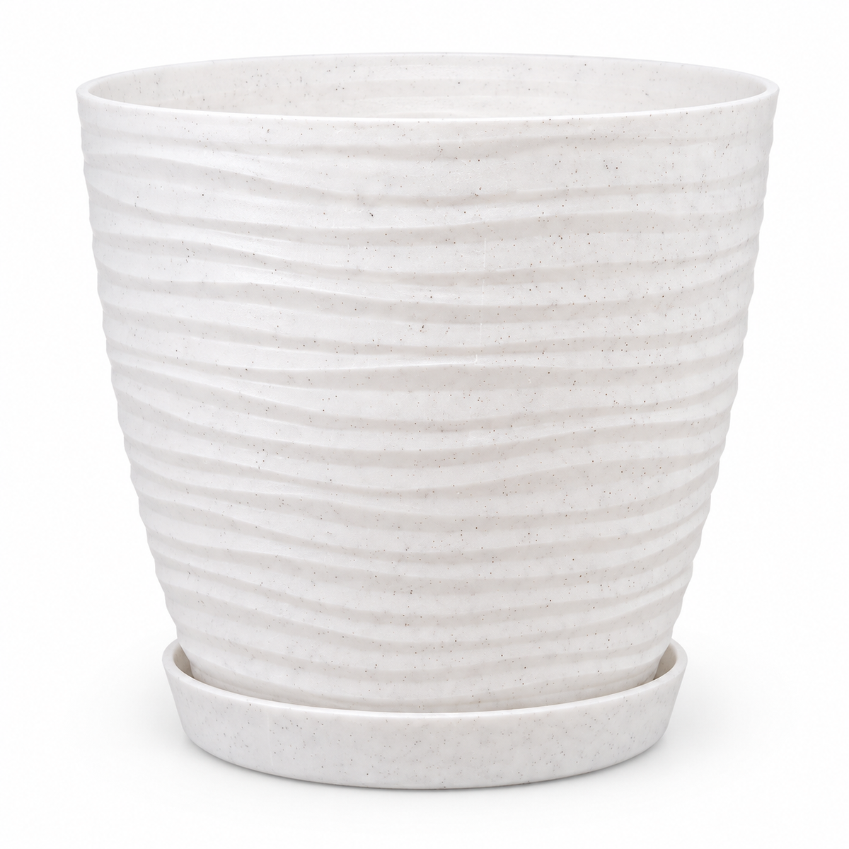 Macetero Blanco Texturizado con Plato – 15 x 14 cm