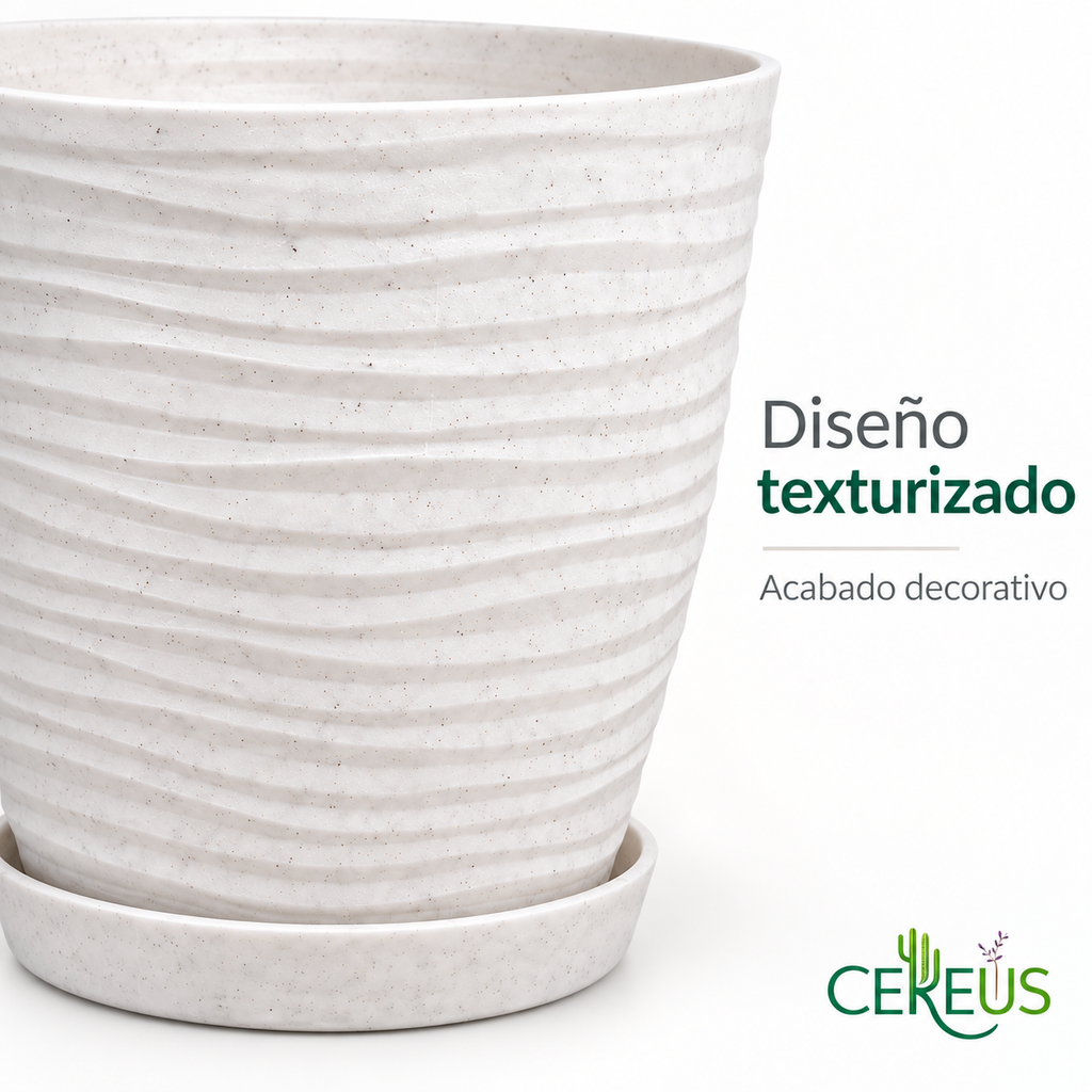 Macetero Blanco Texturizado con Plato – 15 x 14 cm