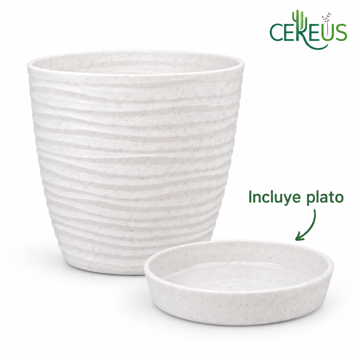 Macetero Blanco Texturizado con Plato – 15 x 14 cm