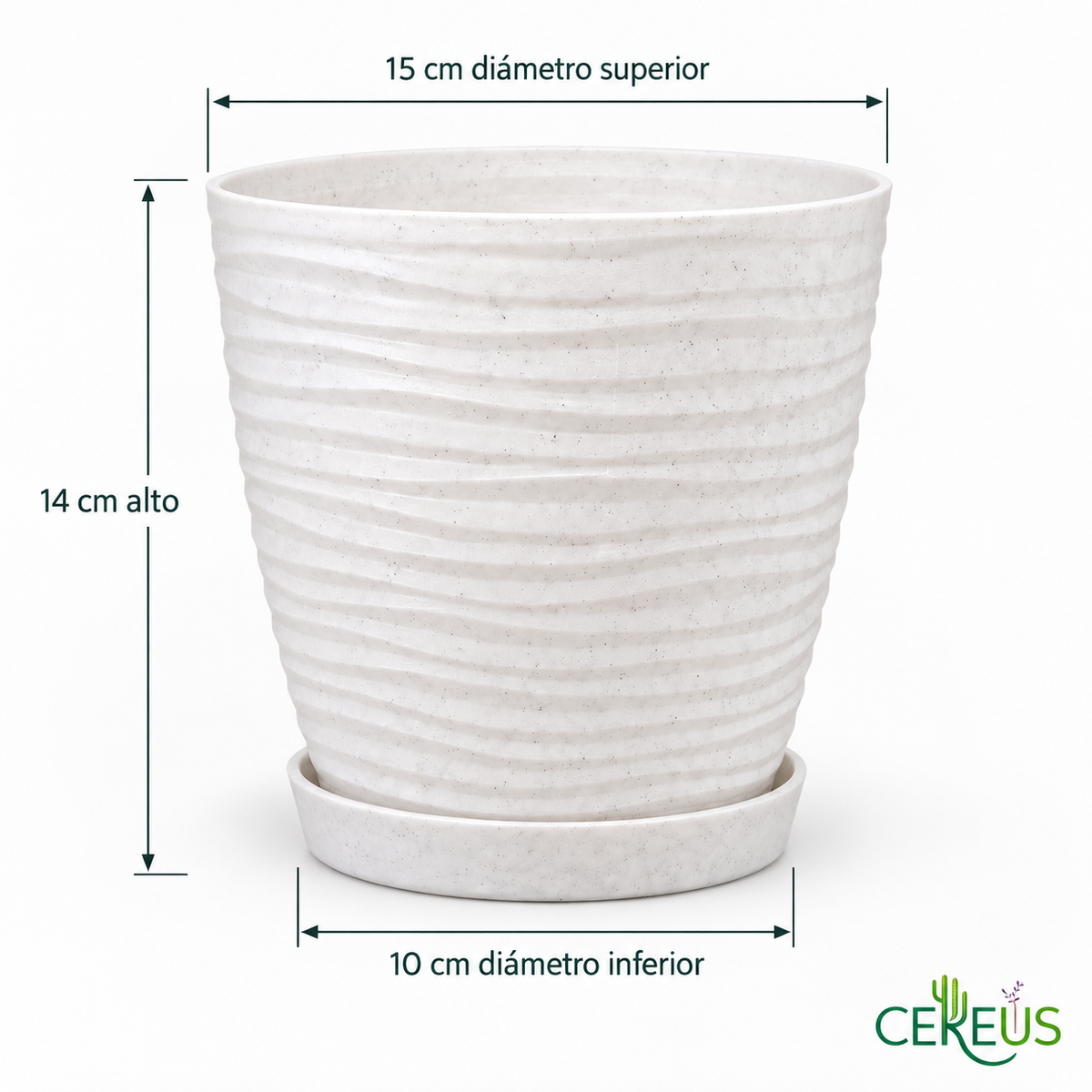 Macetero Blanco Texturizado con Plato – 15 x 14 cm