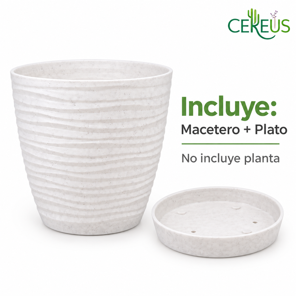 Macetero Blanco Texturizado con Plato – 15 x 14 cm