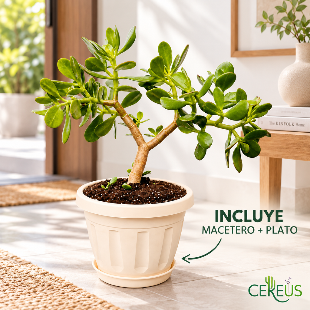 Árbol de Jade con Macetero y Plato 45 a 55 cm