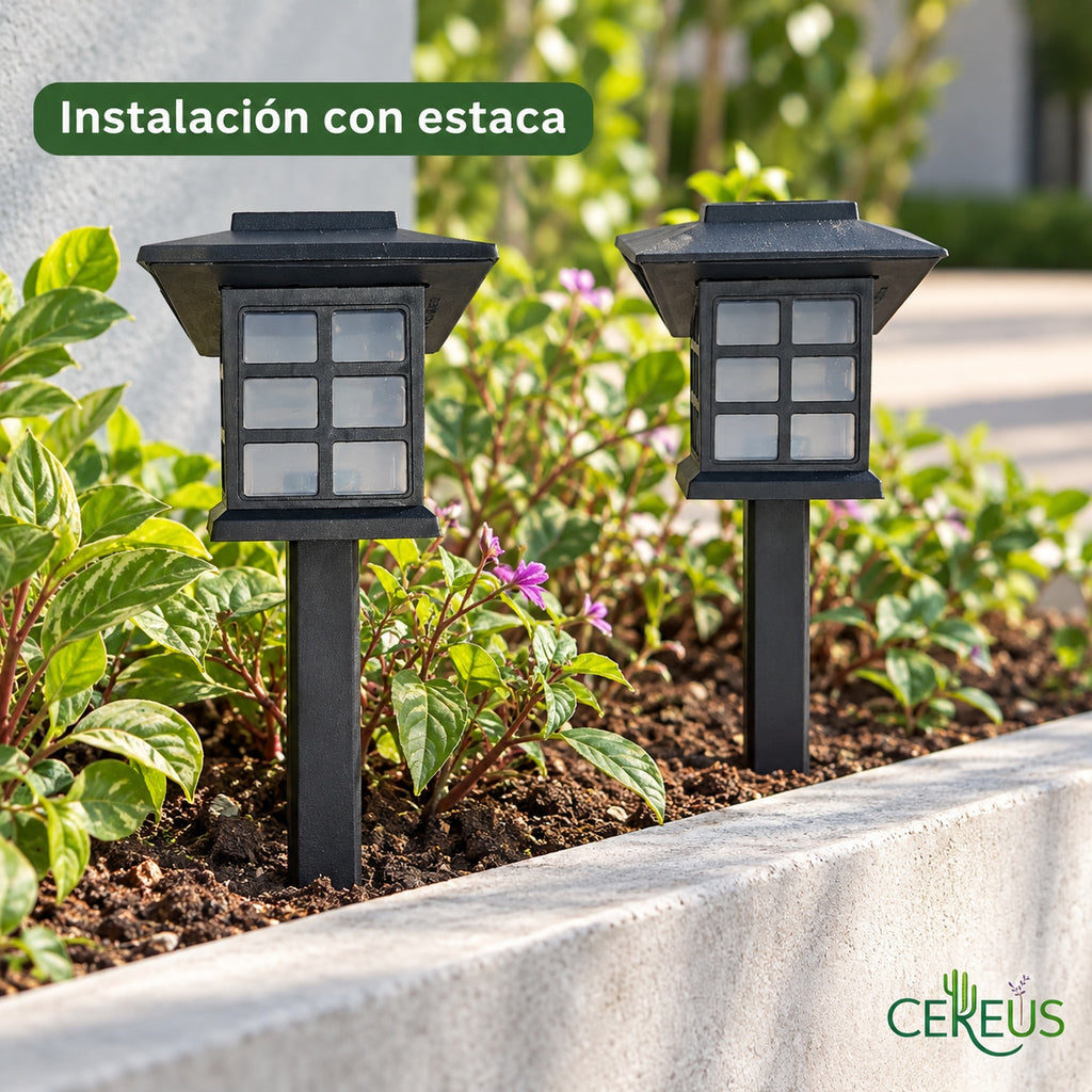 Pack de 2 faroles solares de jardín con luz tenue