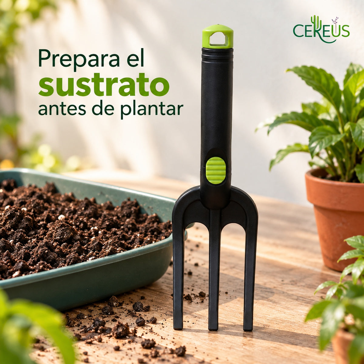 Horquilla de jardín de 3 dientes para plantas y maceteros