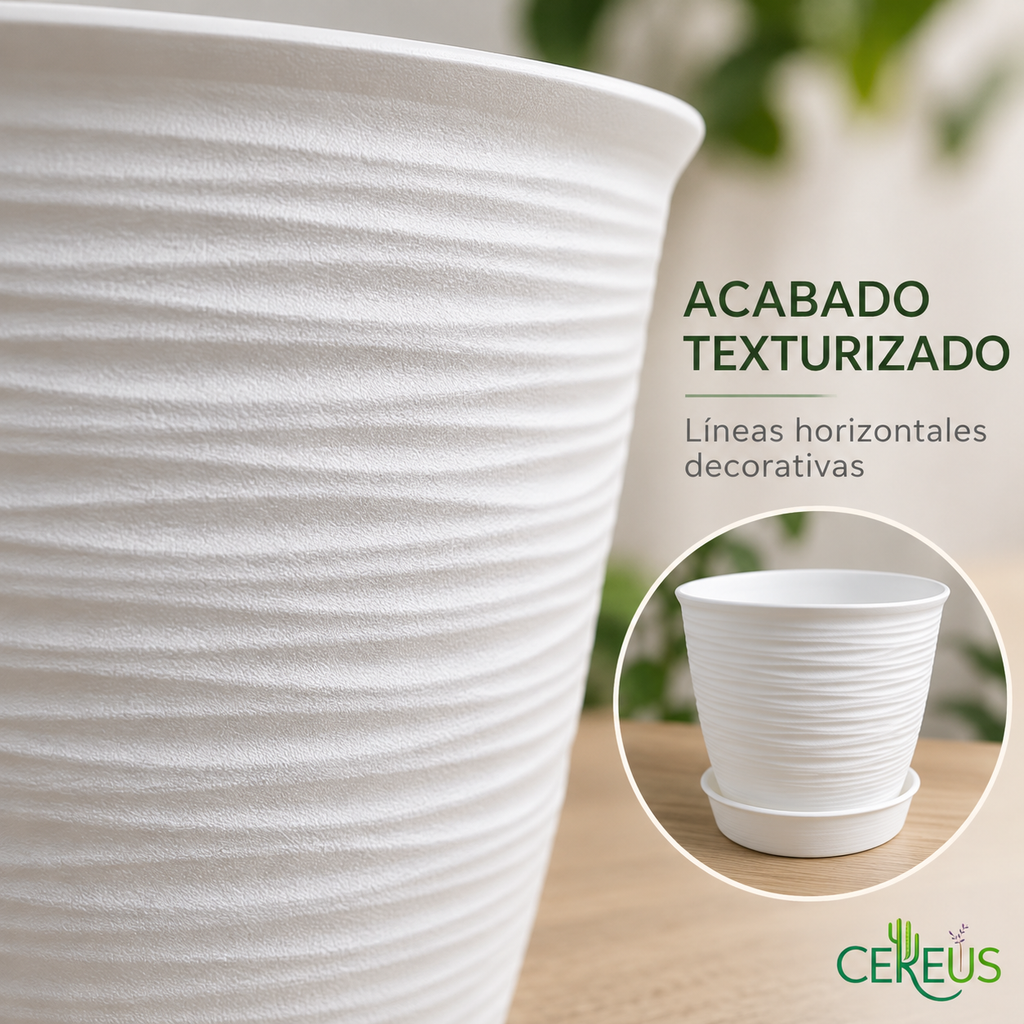 Macetero Blanco Texturizado con Plato 17 cm