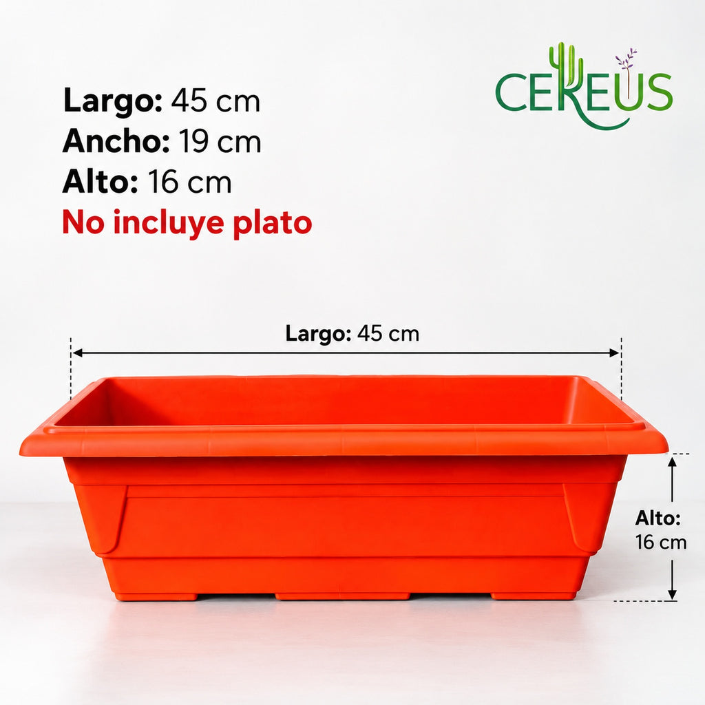 Jardinera rectangular rojo anaranjado · 45 cm