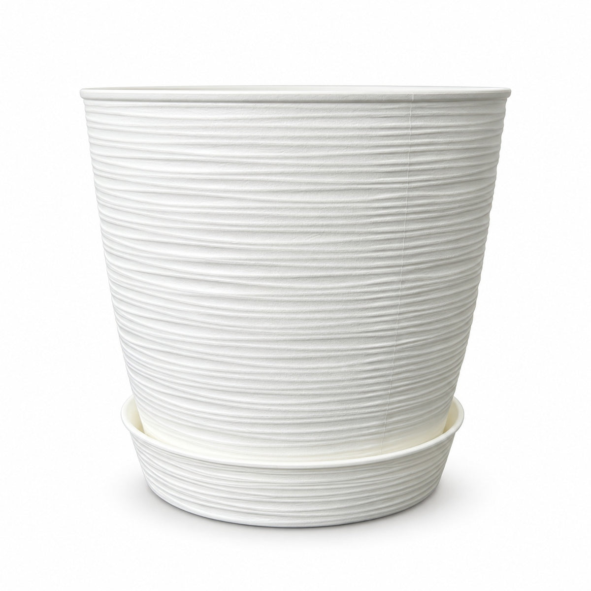 Macetero blanco texturizado con plato · 24 × 24 cm