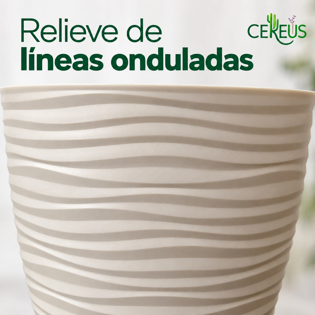 Macetero blanco de líneas onduladas con plato · 20 cm