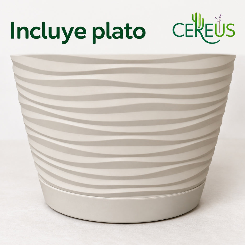 Macetero blanco de líneas onduladas con plato · 20 cm