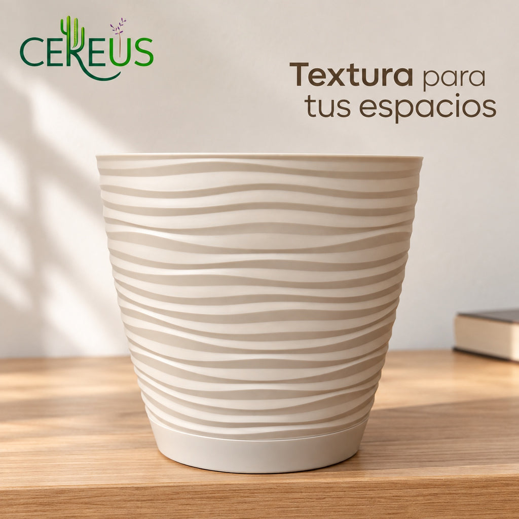 Macetero blanco de líneas onduladas con plato · 20 cm
