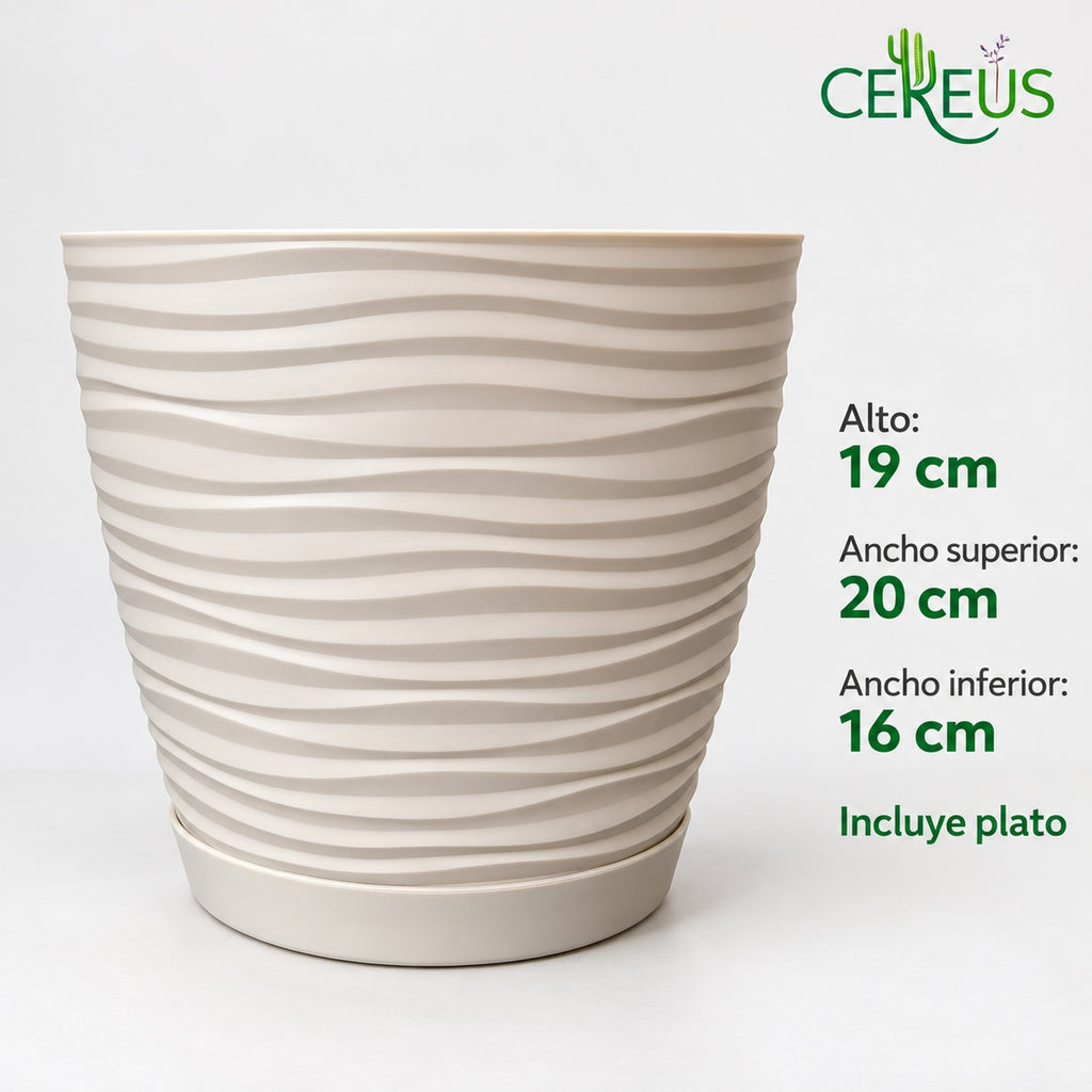 Macetero blanco de líneas onduladas con plato · 20 cm
