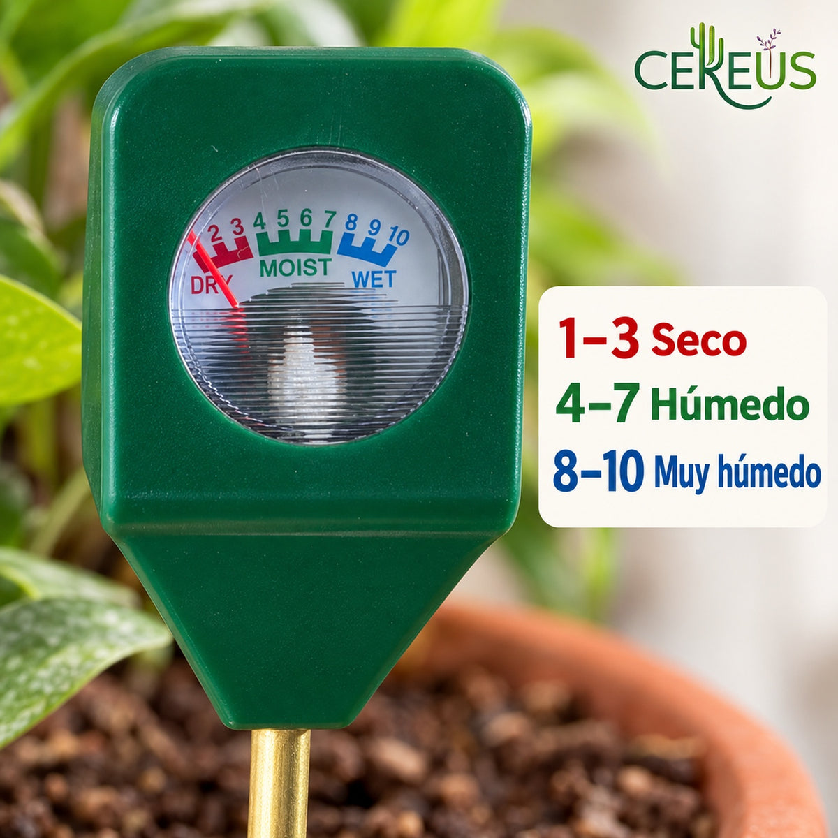 Medidor de humedad para plantas y maceteros con aguja