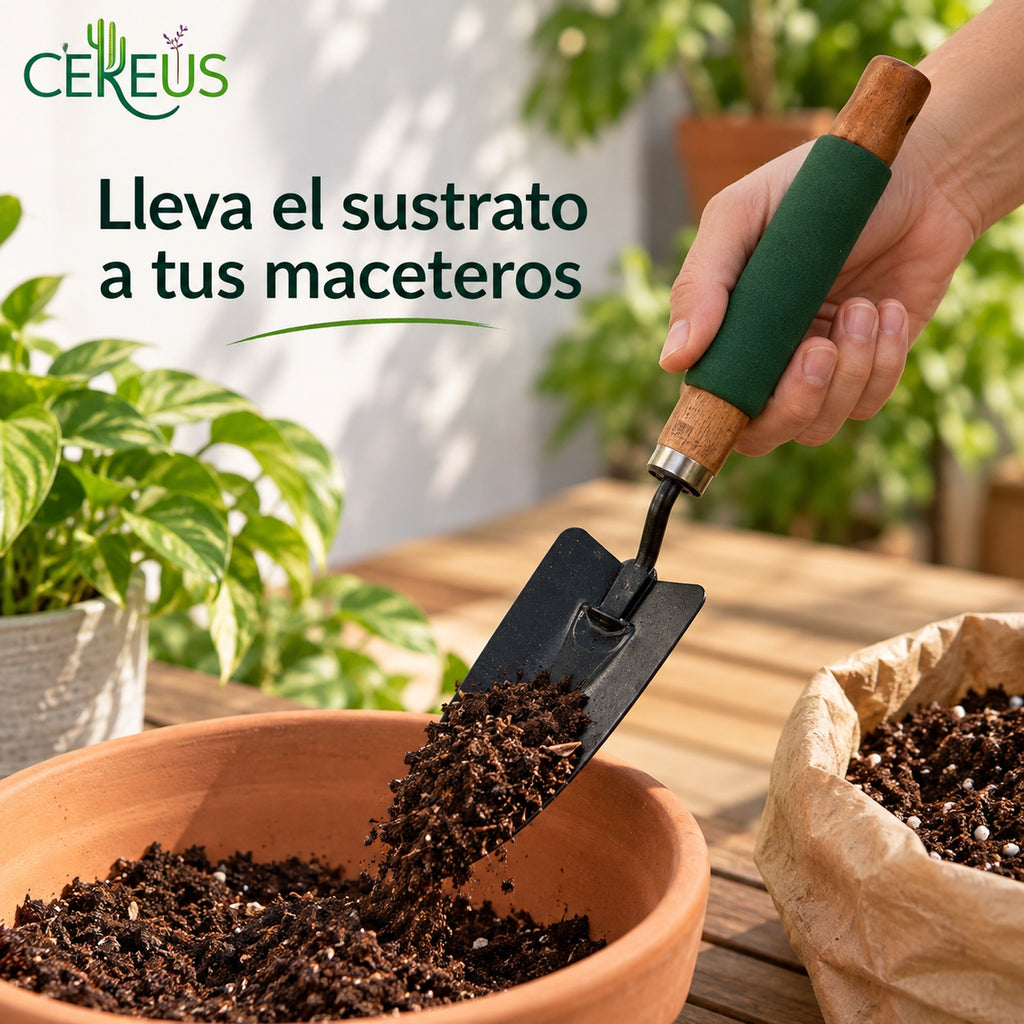 Pala de mano para plantas con mango de madera de 34,5 cm