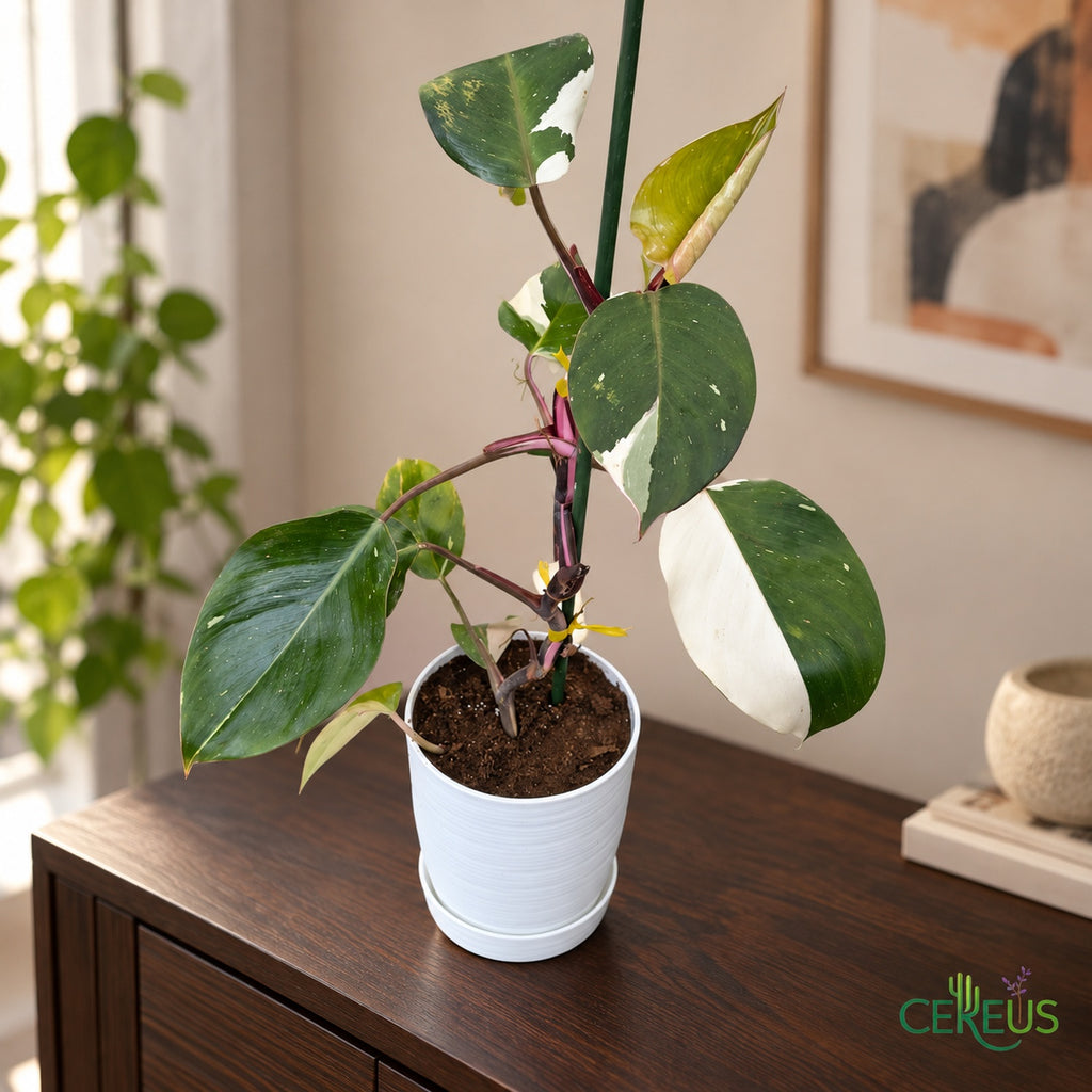 Philodendron White Knight con macetero y plato
